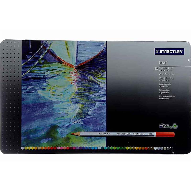 مداد رنگی آبرنگی 48 رنگ کارات جعبه فلزی تخت استدلر (STAEDTLER)