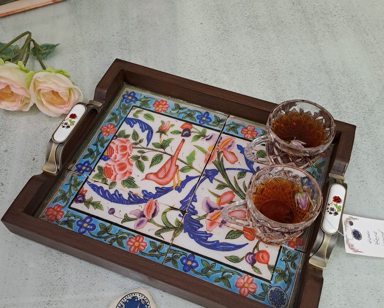 سینی دسته سرامیکی گل و مرغ
