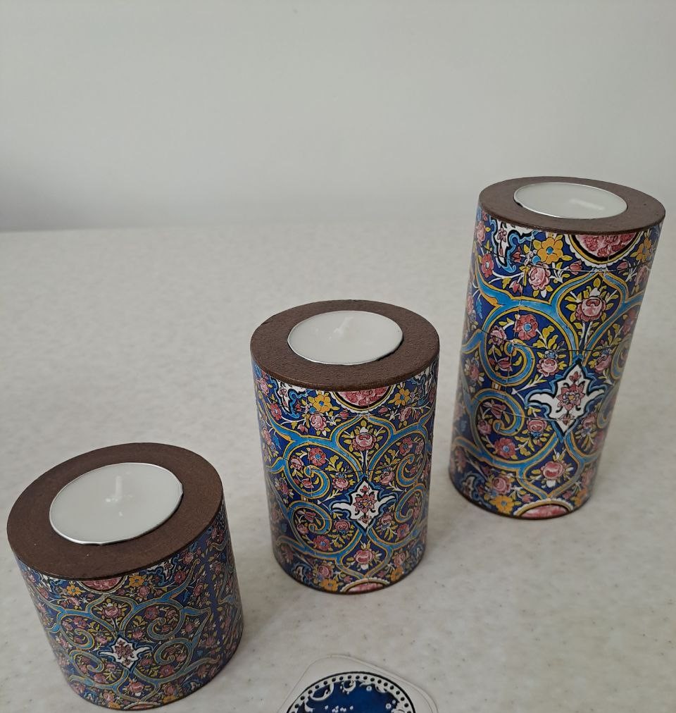 جا شمعی گرد 3 تایی (طرح کاشی قاجاری)