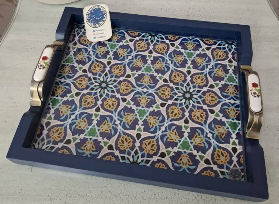 سینی دسته سرامیکی  اسلیمی سرمه ای