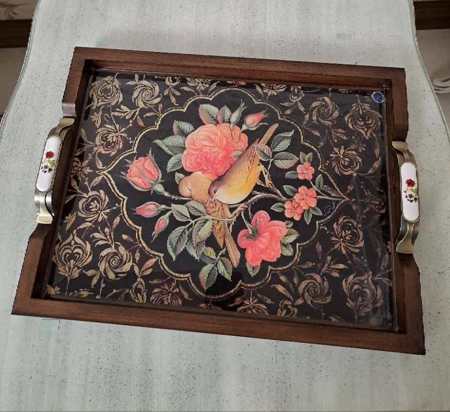 سینی دسته سرامیکی گل و مرغ